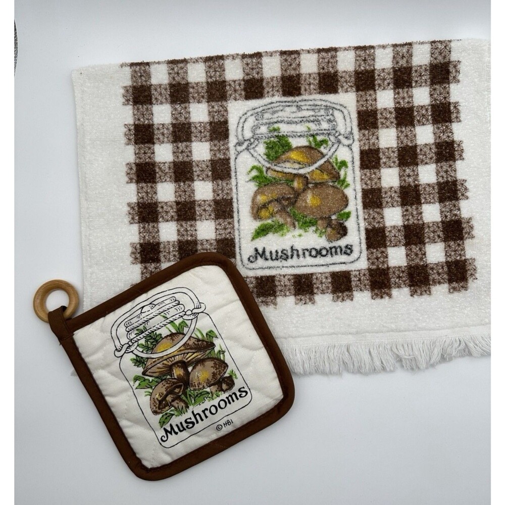 Vintage Mushrooms Terry Cloth Kitchen Dish Towel and Matching Pot Holder